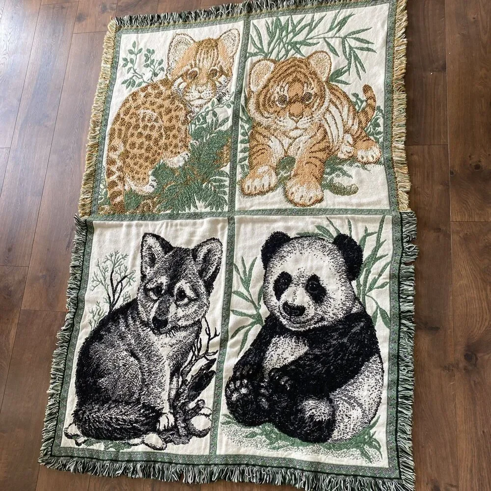 Vintage Rug Barn Natures Endangered Cotton Blanket Baby Panda Fox Lion
